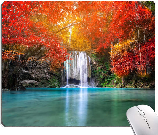 Mouse Pad, Natural Landscape Mouse Mad, Square Waterproof Mouse Pad Non-Slip Rubber Base MousePads for Office Laptop, 9.5"x7.9"x0.12" Inch(Waterfall in Autumn Forest)