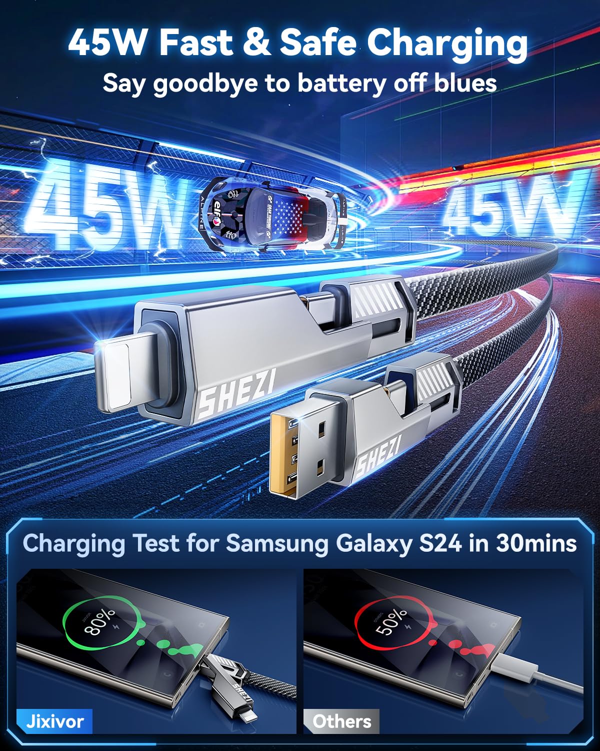 [One is Enough] 4-in-1 Compatible with USB C to Lightning Cable, 45W High-Speed Charging & Fast Data Transfer,CarPlay & Android Auto Support Multi Charger Cord Combo for iPhone/Samsung/iPad,3FT