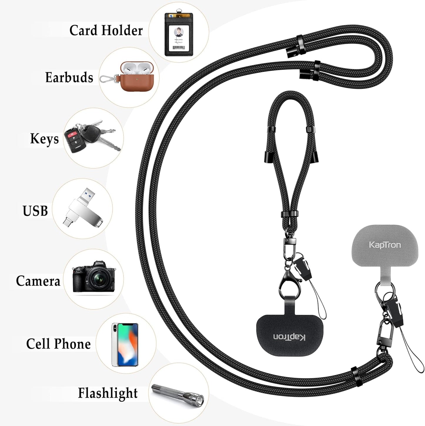 Kaptron Universal Phone Lanyard with Wrist Strap, Adjustable Crossbody Cell Phone Lanyard Neck Strap and Wristlet Strap with 2 Lobster Clips, Phone Tether Patches and Phone Straps (Black, 2 Pack)