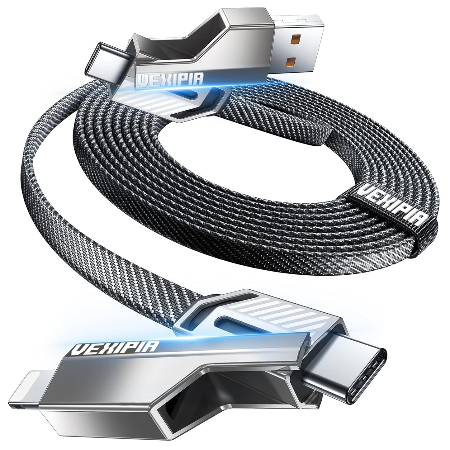 [Upgraded] Vexipia 4-in-1 Long USB C Cable 45W 10FT Lightning Cable Fast Charging Flat Nylon Braided for iPhone iPad Charger Cord[480Mbps Data Sync] Multi Charge Combo with Lightning/Type C/USB A Port