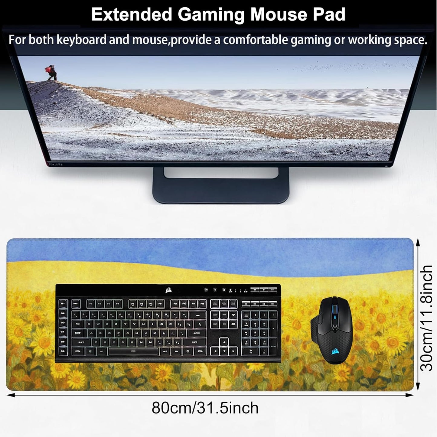 Field of Sunflowers Desk Mat,Large Sunflower Oil Painting Gaming Keyboard Mouse Pad,Non-Slip Rubber Base Desk Pad Thick Stitched Edges Waterproof Mousepad Mouse Mat 31.5"x11.8"