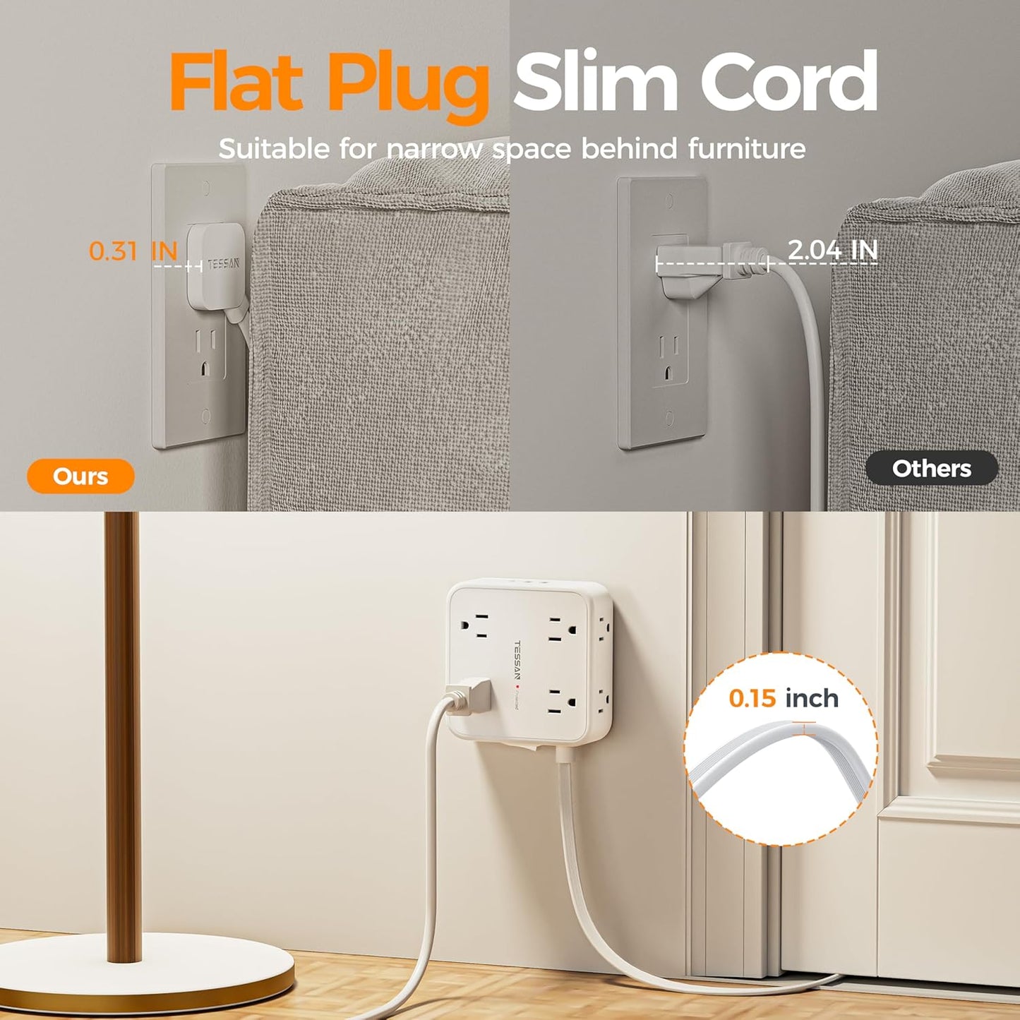 TESSAN Flat Plug Extension Cord, 5 Ft Surge Protector Power Strip with 3 USB (1 USB C) 8 Outlets, 900J Surge Protection, 3 Sided Outlet Extender with Power Switch for Dorm Room Essentials, White