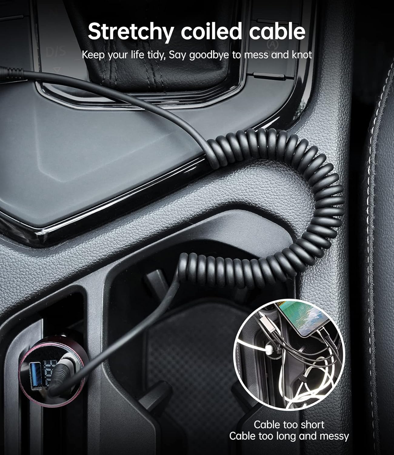 iPhone Charger Cable for Car (3FT/5FT), 2Pack Coiled Lightning Cable, [Apple MFi Certified] Retractable Charging Cord Compatible with iPhone 14/13/12/11 Pro Max/XS MAX/XR/XS/8/iPad/iPod/CarPlay