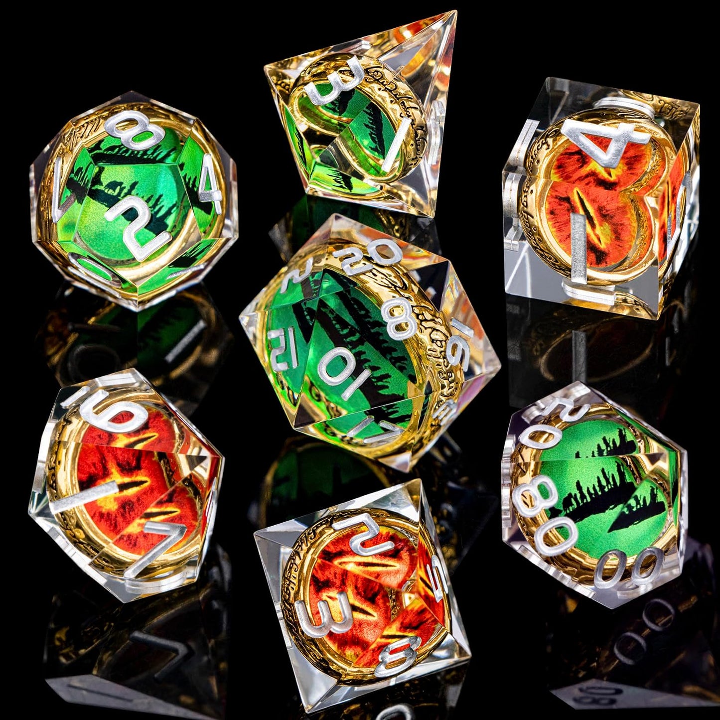 Magic Golden Ring DND Dice Set Sharp Edge Red Gaze Eye Resin Dice with Box, for use with RPG D&D Tabletop Games Lord D and D Polyhedral Dice Set