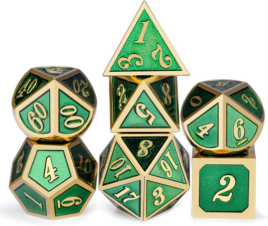 Metal Dice Set D&D, DNDND 7 Die Green DND Dice with Metal Case for Dungeons and Dragons Role Playing Game and Tabletop Games (Gold Number with Enamel Green)