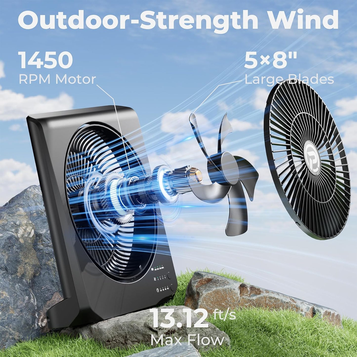 PANERGY 20000mAh Rechargeable Battery Powered Fan - 10" Square Box Fan with 55H Runtime, 4 Speeds & Timer, 270° Pivot, Cordless & Portable for Home, Patio, Camping, Travel, Power Outages (No Remote)