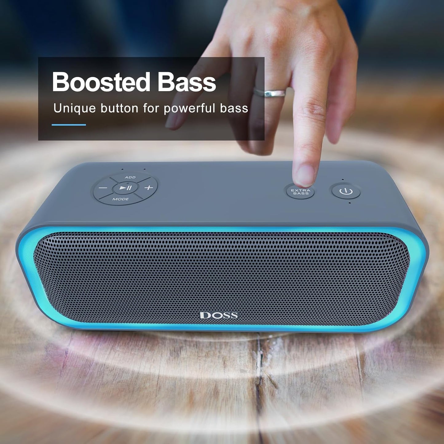 DOSS SoundBox Pro Bluetooth Speaker with 20W Stereo Sound, Active Extra Bass, IPX6 Waterproof, TWS Pairing, Multi-Colors Lights, 20H Playtime, Portable for Beach, Outdoor-Stone Blue