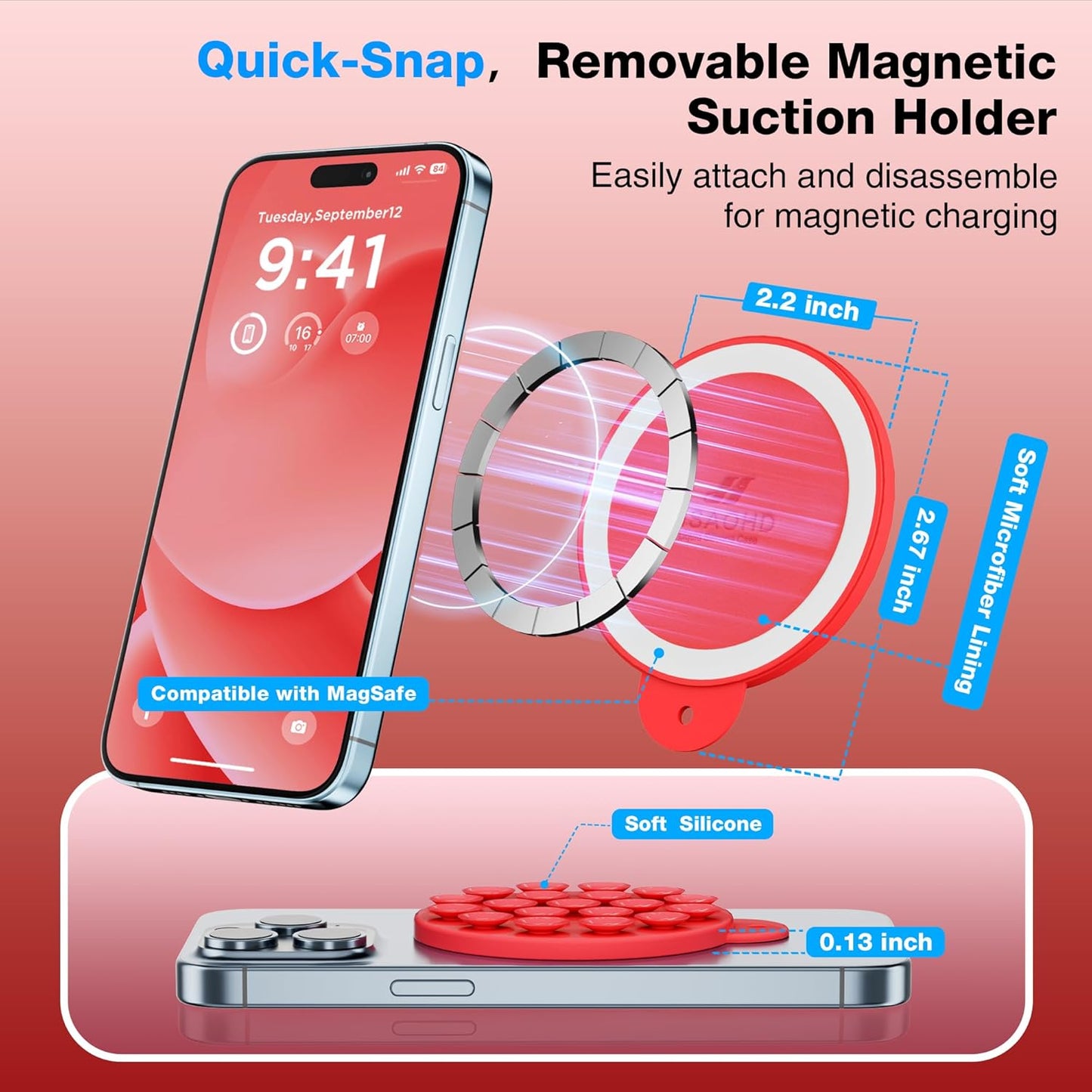 Magnetic Suction Cup Phone Mount for MagSafe Case, Silicone Hands-Free Phone Grip Holder for iPhone and Android, Mirror Shower Phone Stand for Makeup FaceTime Gym Kitchen Bathroom, Red
