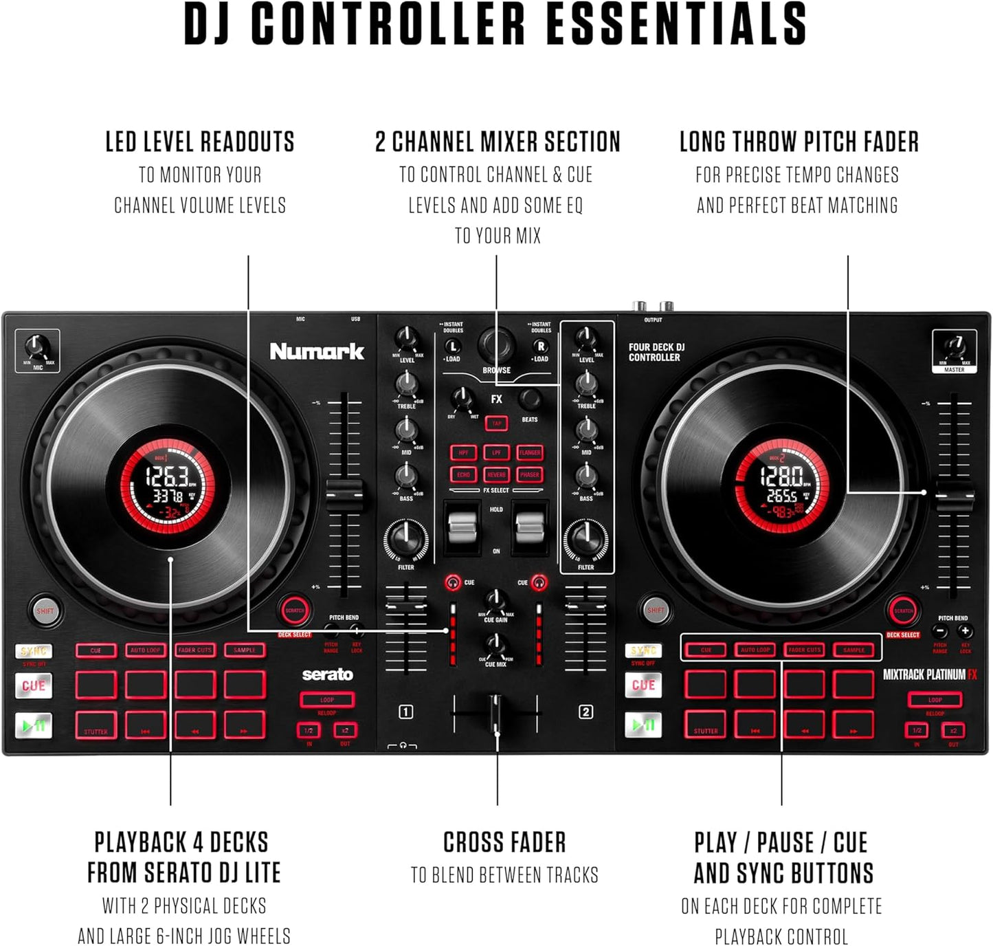 Numark Mixtrack Platinum FX Serato DJ Controller with Jog Wheel Displays, 4 Decks, Mixer, Effects Paddles and (Audio Interface)