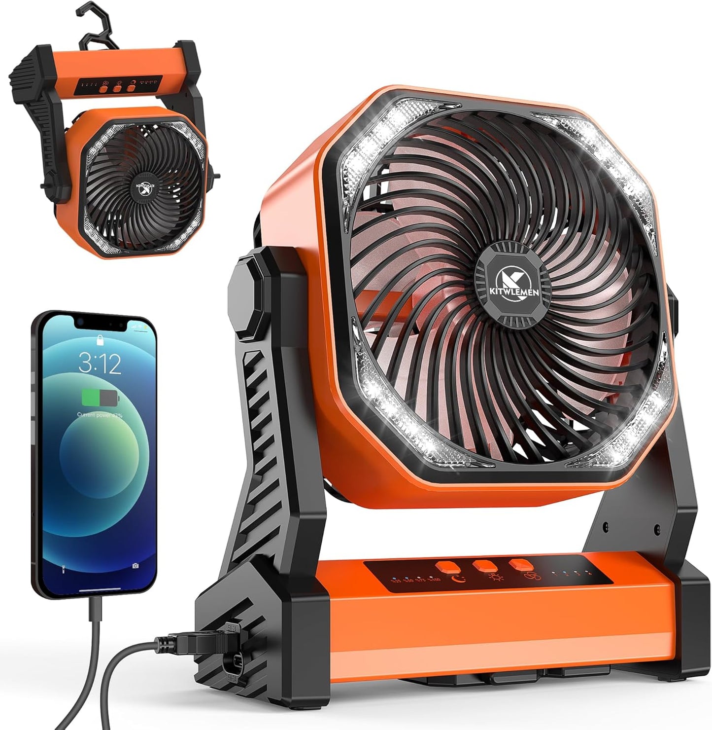 KITWLEMEN 20000mAh Battery Powered Camping Fan - 58H Max Cooling, Rechargeable Battery Operated Desk Fan with 4 Speeds, Bright Light & Hanging Hook, Portable for Tent Outdoor Hurricane Power Outage