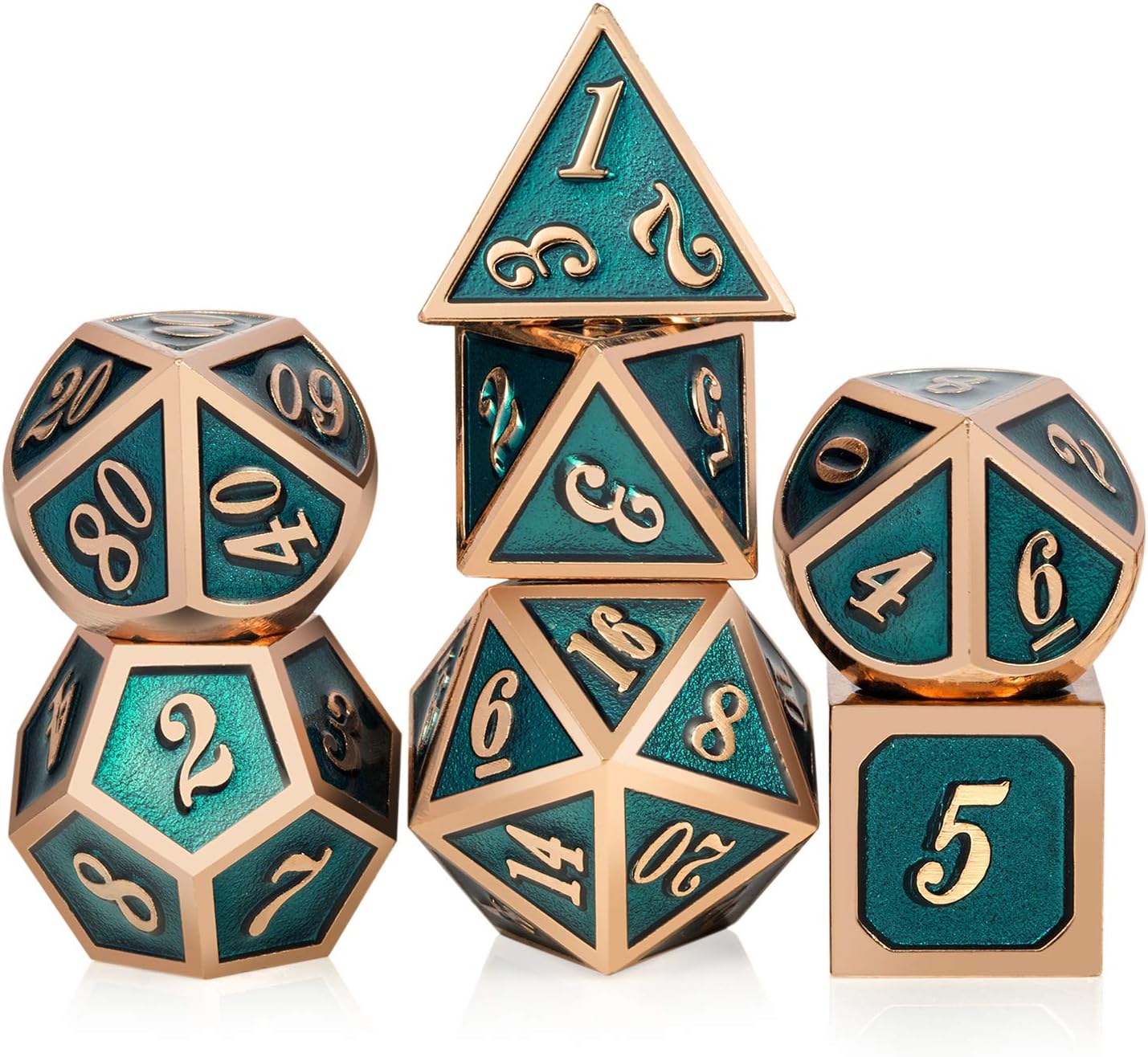 Teal D&D Metal Dice Set,DNDND 7 PCS Metallic Dungeons and Dragons Dice with Free Metal Case for D&D Game Role Playing (Teal and Copper)