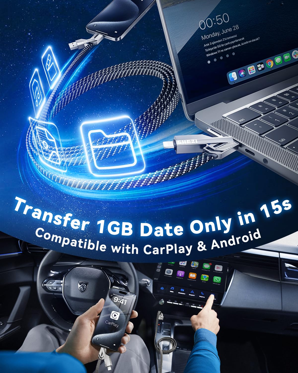 [One is Enough] 4-in-1 Compatible with USB C to Lightning Cable, 45W High-Speed Charging & Fast Data Transfer,CarPlay & Android Auto Support Multi Charger Cord Combo for iPhone/Samsung/iPad,3FT