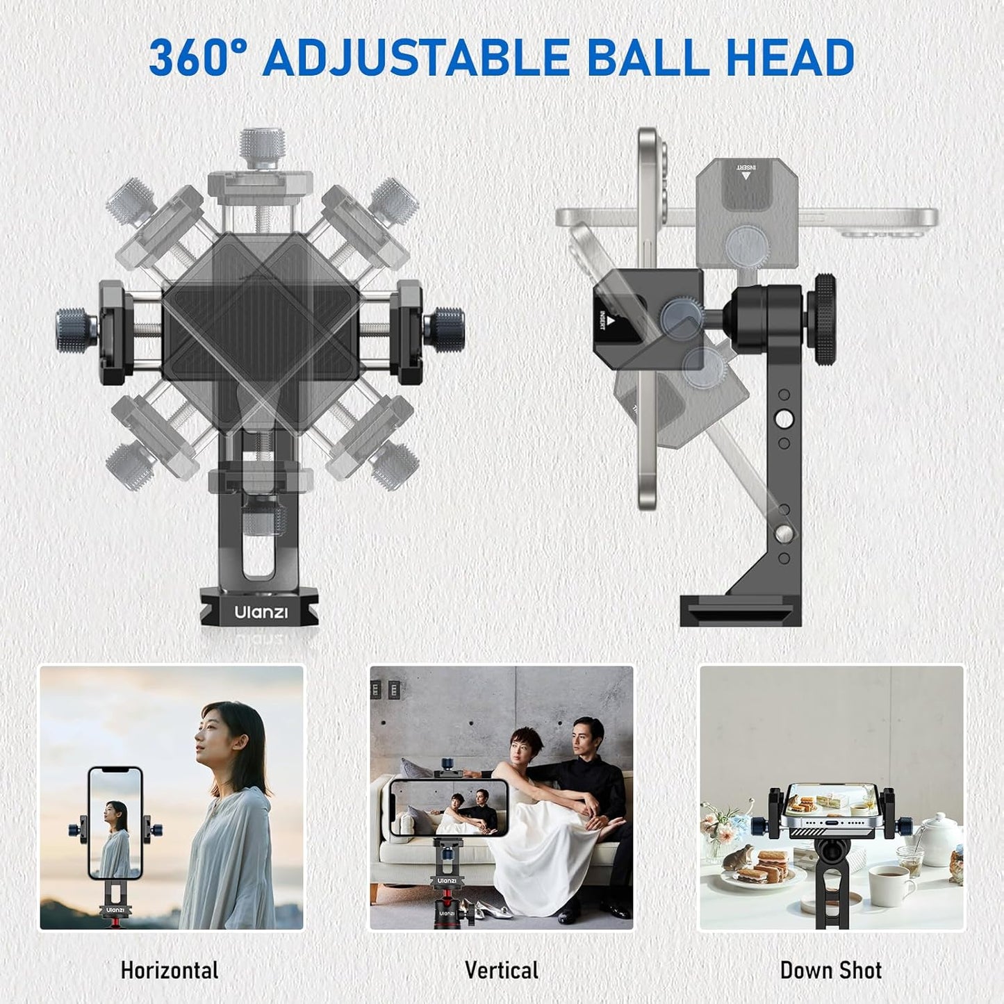 Ulanzi MA53 Metal Tripod Phone Mount, Smartphone Tripods Adapter with Arca Swiss/Uka Port, 2 Cold Shoe, 360° Cellphone Tripod Mount, iPhone Samsung Holder for Photo Video Vlogging Rig