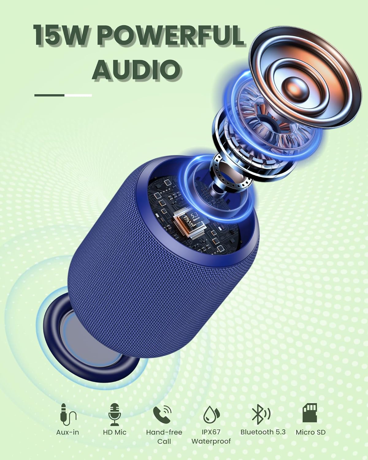 NOTABRICK Ki Bluetooth Speaker, 15W Stereo Sound, Active Extra Bass, IPX6 Water Resistant, TWS, Portable for Party, Beach, Camping