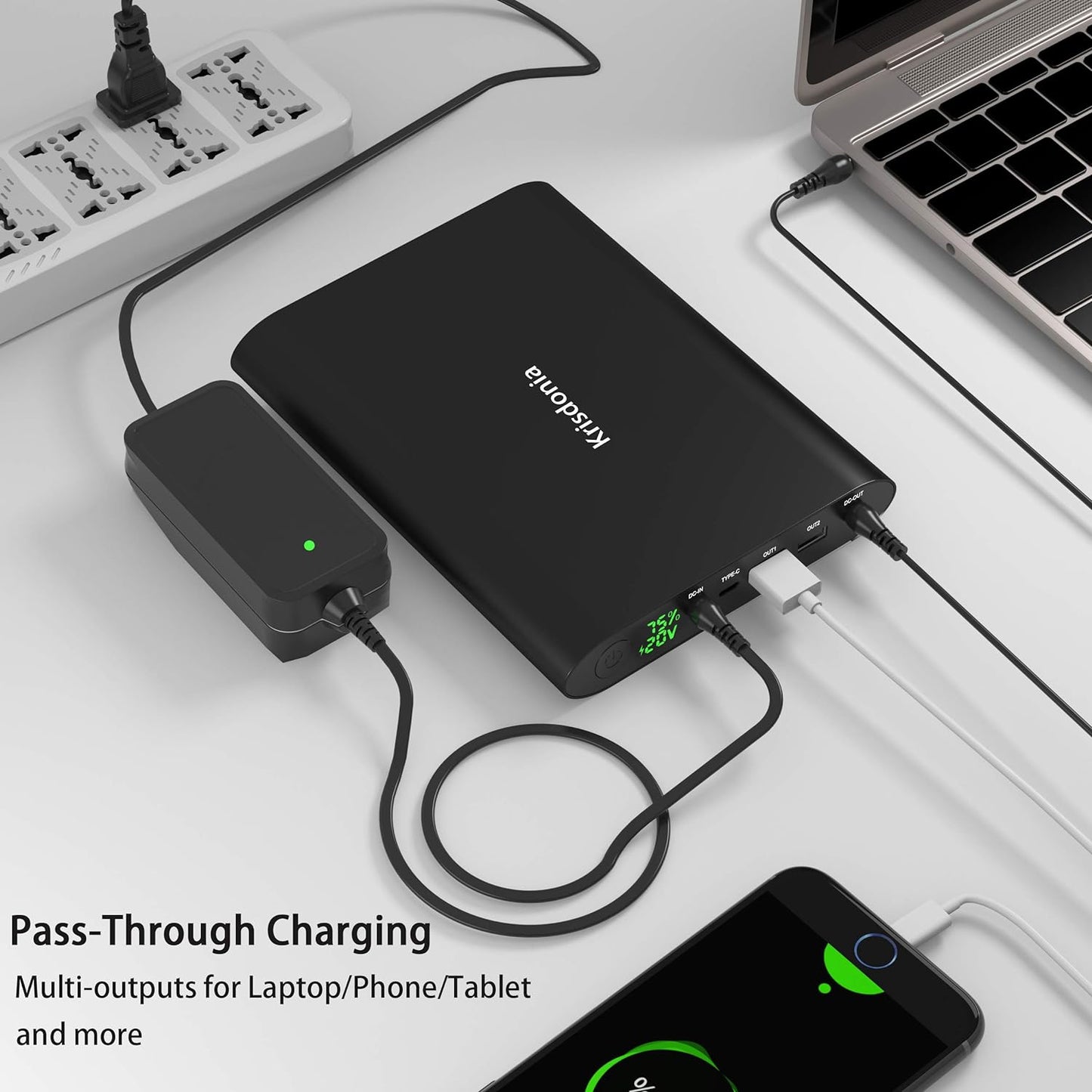 Krisdonia 50000mAh Laptop Power Bank 5/9/12/16/19/20V Portable Laptop Battery Charger with QC3.0 USB-A Port & 12V Type-C Port for Laptop, Tablet, Smartphone and More Devices