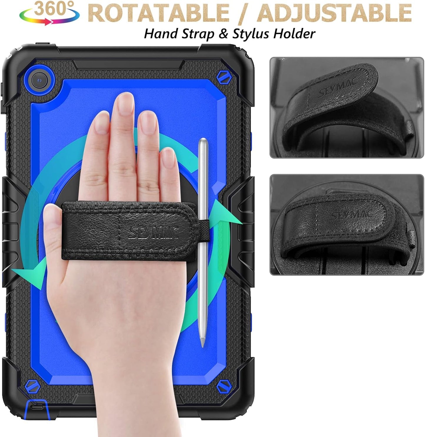SEYMAC stock Tablet Case for Lenovo Tab M10 Plus 3rd Gen (TB-125FU/128FU/128XU) 10.6 inch Drop-Proof Protection Cover with 360° Rotate Stand & Strap [Pen Holder] & Screen Protector, Blue+Black