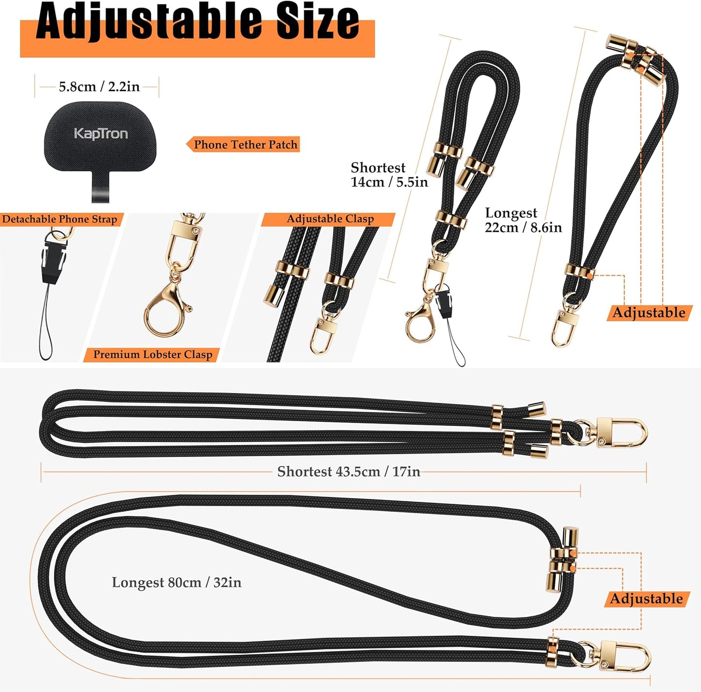 Universal Phone Lanyard with Wrist Strap, Adjustable Crossbody Cell Phone Lanyard Neck Strap and Wristlet Strap with 2 Lobster Clips, Phone Tether Patches and Phone Straps (Black/Gold, 2 Pack)