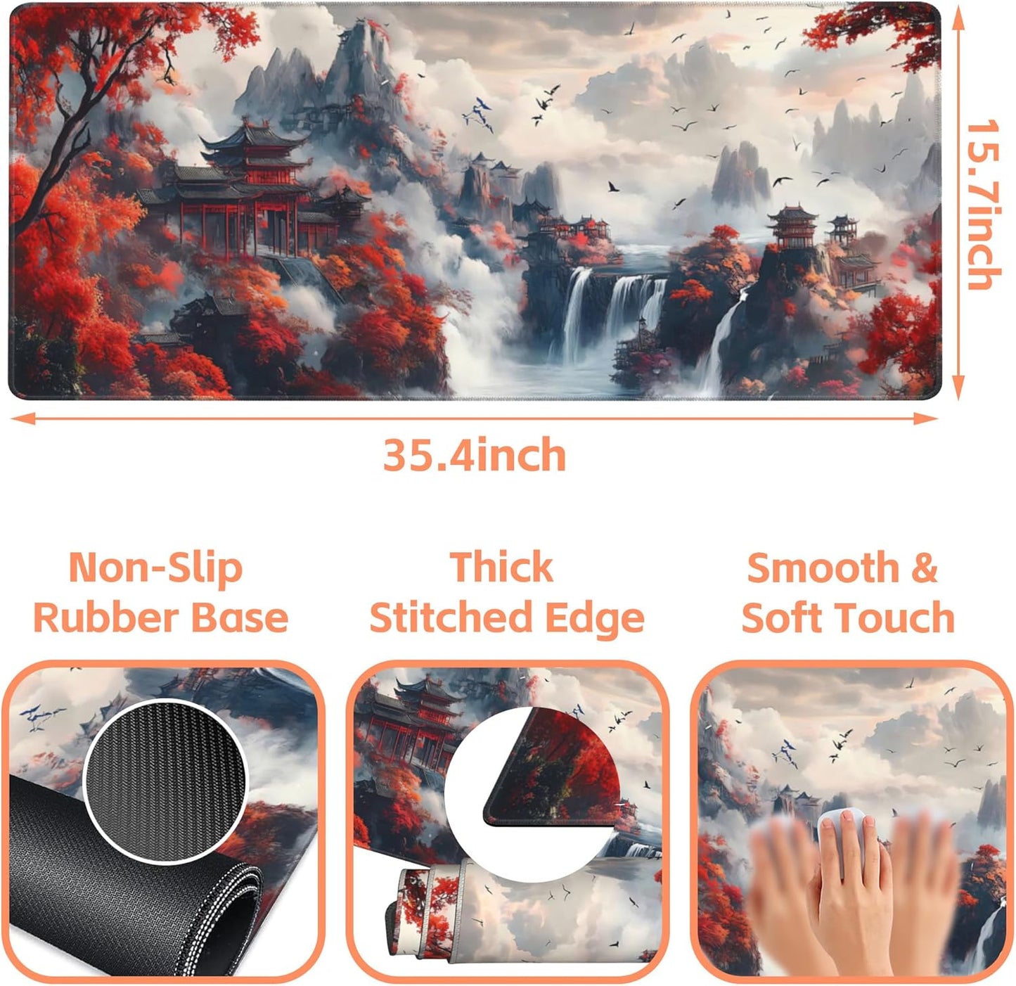Mouse Pad Large Chinese-Style Landscape Painting Non-Slip Gaming Desk Mat with Stitched Edge Laptop Keyboard Desk Pad for Work Home Gaming (35.4 x 15.7 Inches)