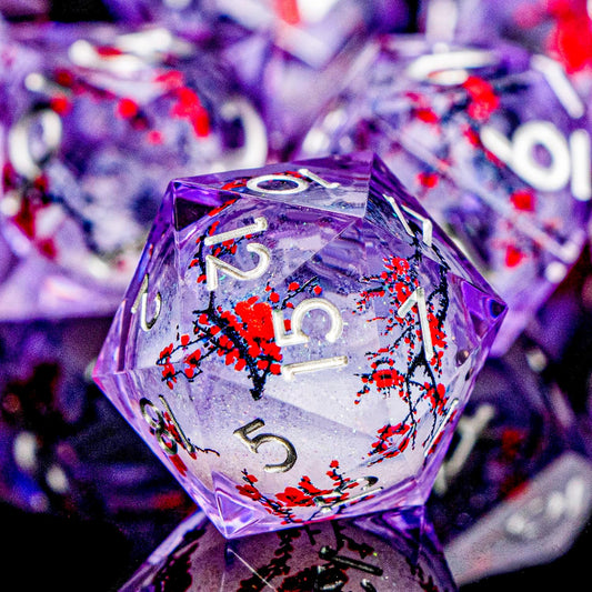 Plum Blossom DND Dice Purple Liquid Core Dice Set with Metal Box, Handmade Sharp Edge Dice D and D Polyhedral Dice for use with D&D RPG Role Playing Game