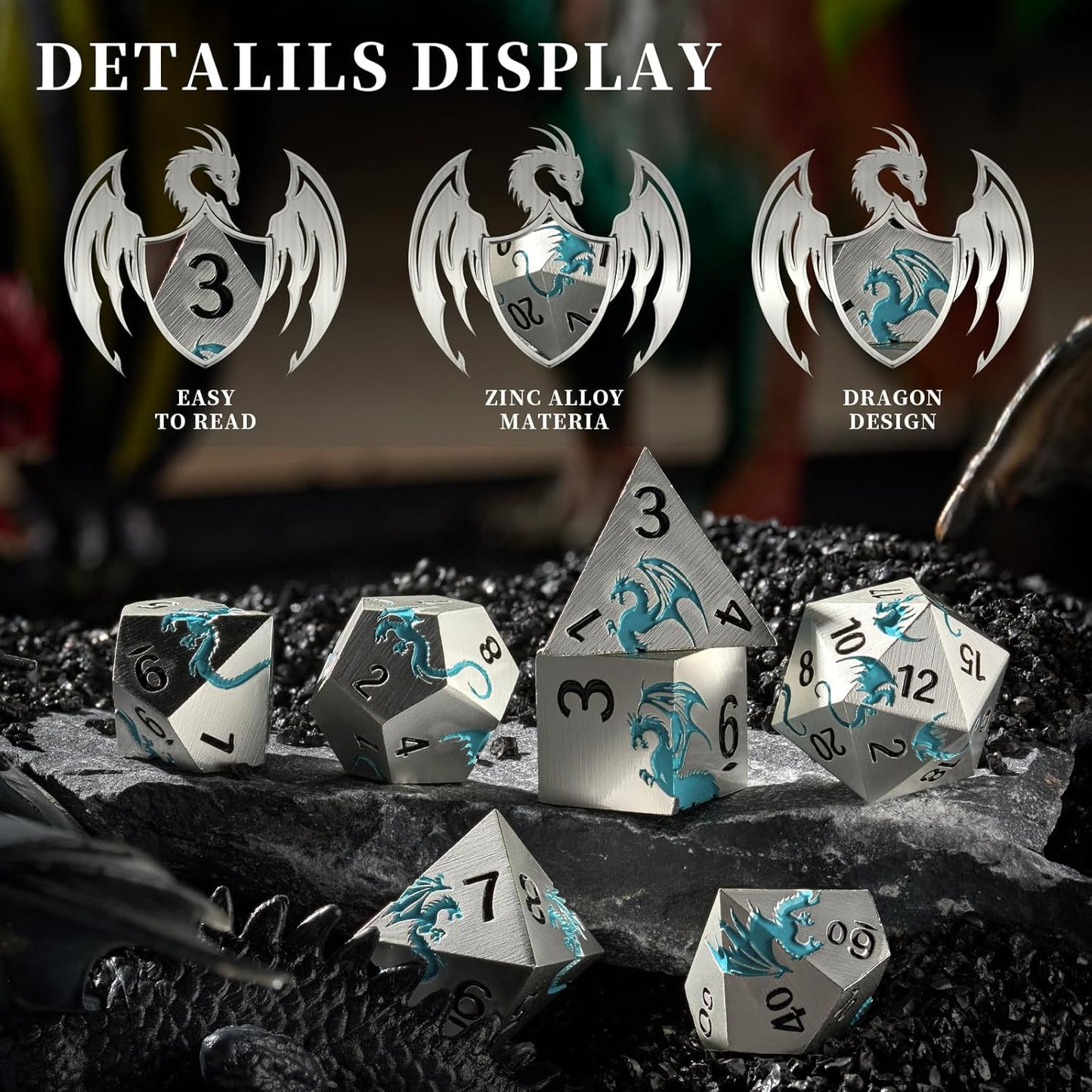 Blue Dragon Metal DND Dice Set,HNCCESG Cool D&D Dice Set of 7 Piece,Dungeons and Dragon Gift Dice, Role Playing Dice for D&D Table Games（(Matte Silver Blue2 Dragon)