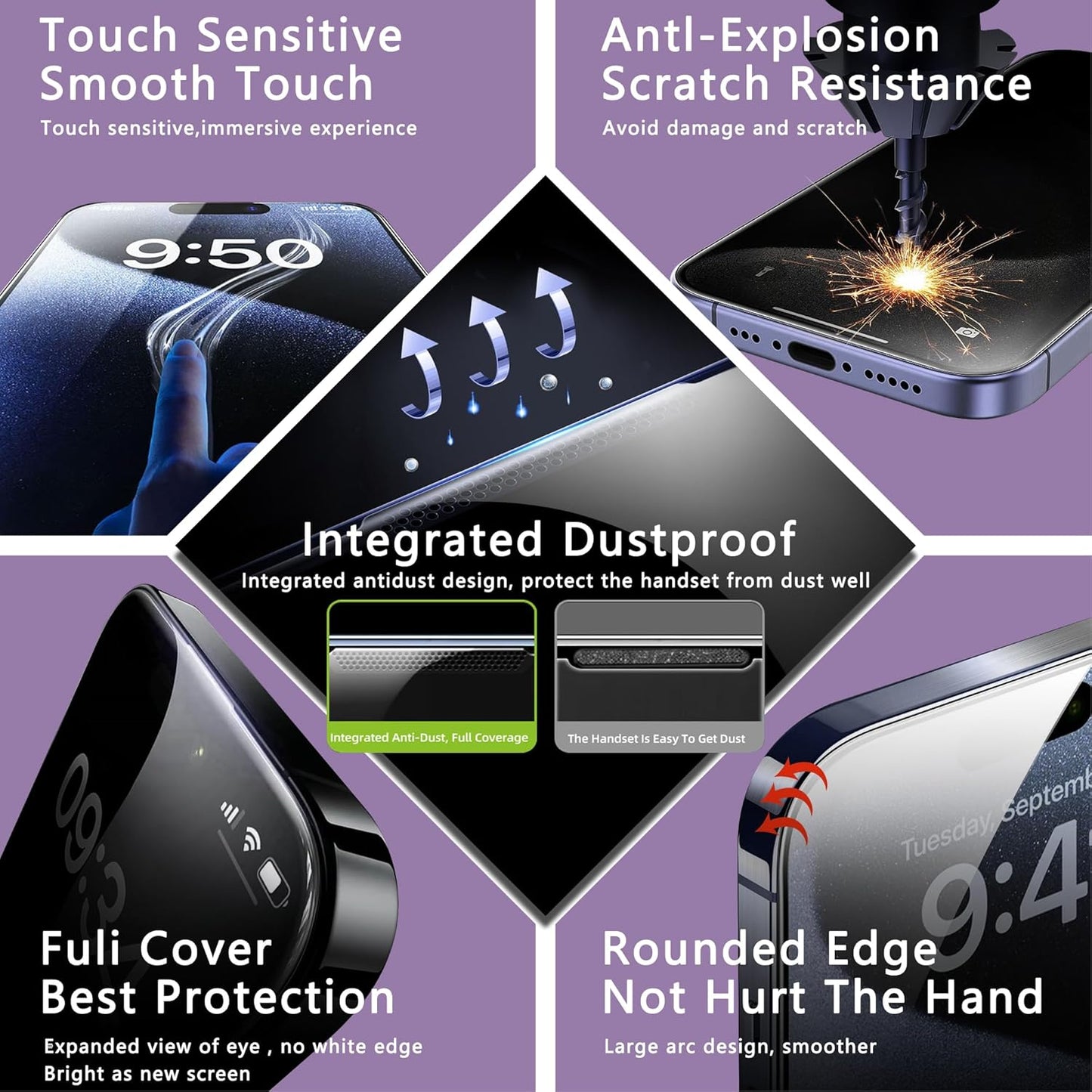 2 Pack Privacy Screen Protector for iPhone 14 Pro Max/iPhon 15 Plus/iPhon 16 Plus, 9H Tempered Glass, Full Coverage, Anti-Fingerprint, Auto Dust-Elimination, No Bubble, Easy Installation