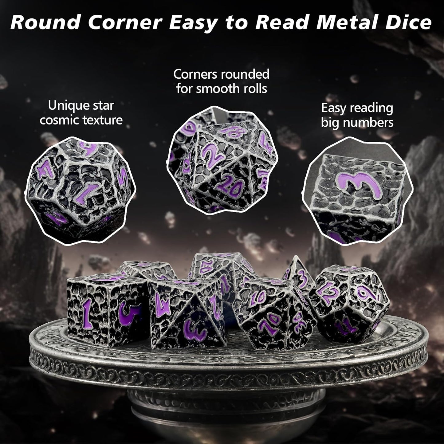 PJOY Metal Dice Set D&D for Dungeons and Dragons Dice with Case Meteorite Iron Purple 7PCS 16mm Role Playing Cool DND Gifts for Players DM Board Game Masters Wizards