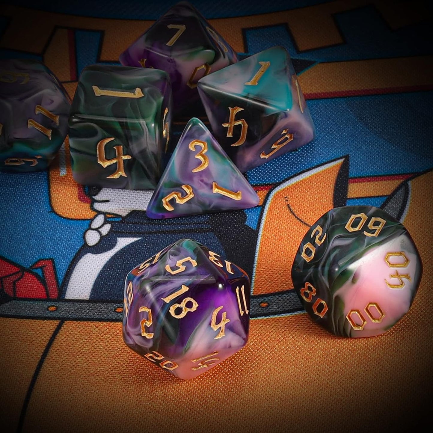 QMAY DND Dice Set -D&D Polyhedral Dice (7 Pcs) for Dungeons and Dragons (Purple Green Four Colors)