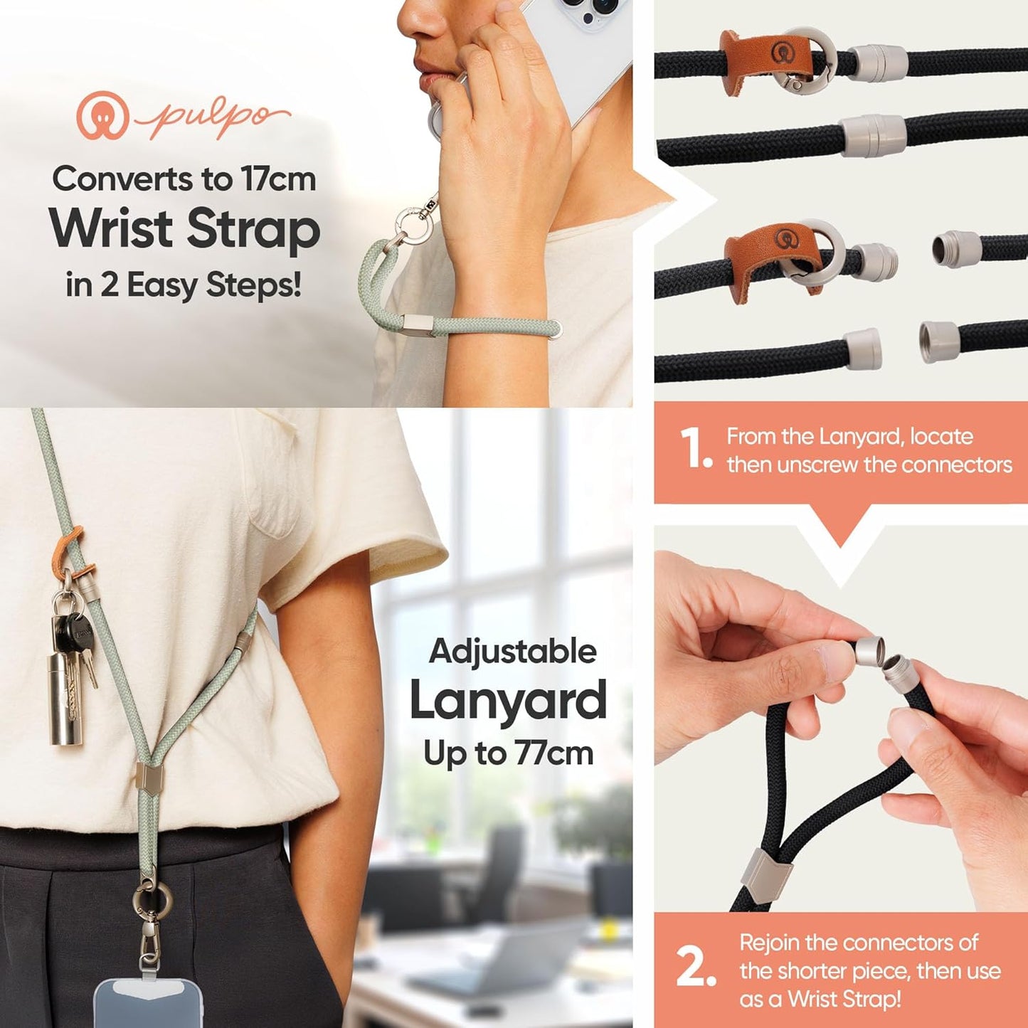 Pulpo 2-in-1 Cell Phone Wrist Strap and Lanyard Sage - Anti Theft Phone Lanyard for Men & Women, Wrist Straps for Phones, Lanyards for Smartphones, Adjustable Cellphone Leash & Safety Strap Tether