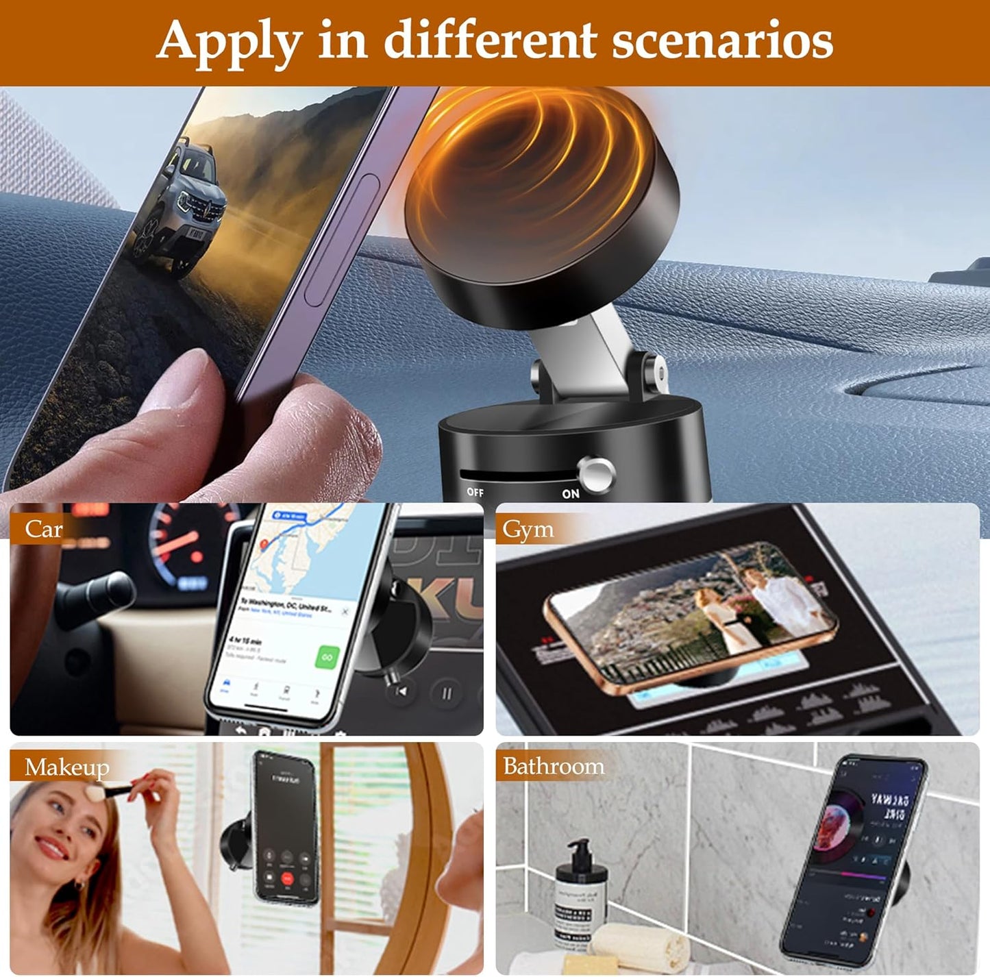 Foldable Vacuum Magnetic Suction Phone Holder,Retractable Magnetic Car Cellphone Holder,Hands-Free Portable Multifunctional Vacuum Suction Phone Mount for Car, Mirror, Gym, Kitchen (Black)