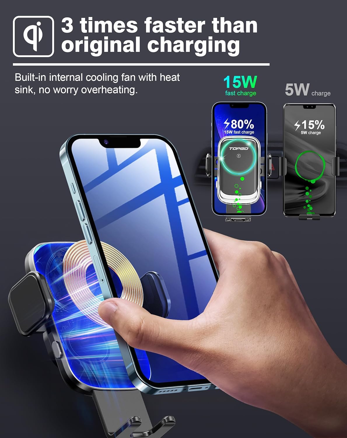 TOPGO [Upgraded Cup Phone Mount Wireless Charger, Universal Cell Phone Holder Car Charger Wireless Charger Cup Phone Holder Fast Charging for iPhone16 Pro Max, Samsung Galaxy - Black