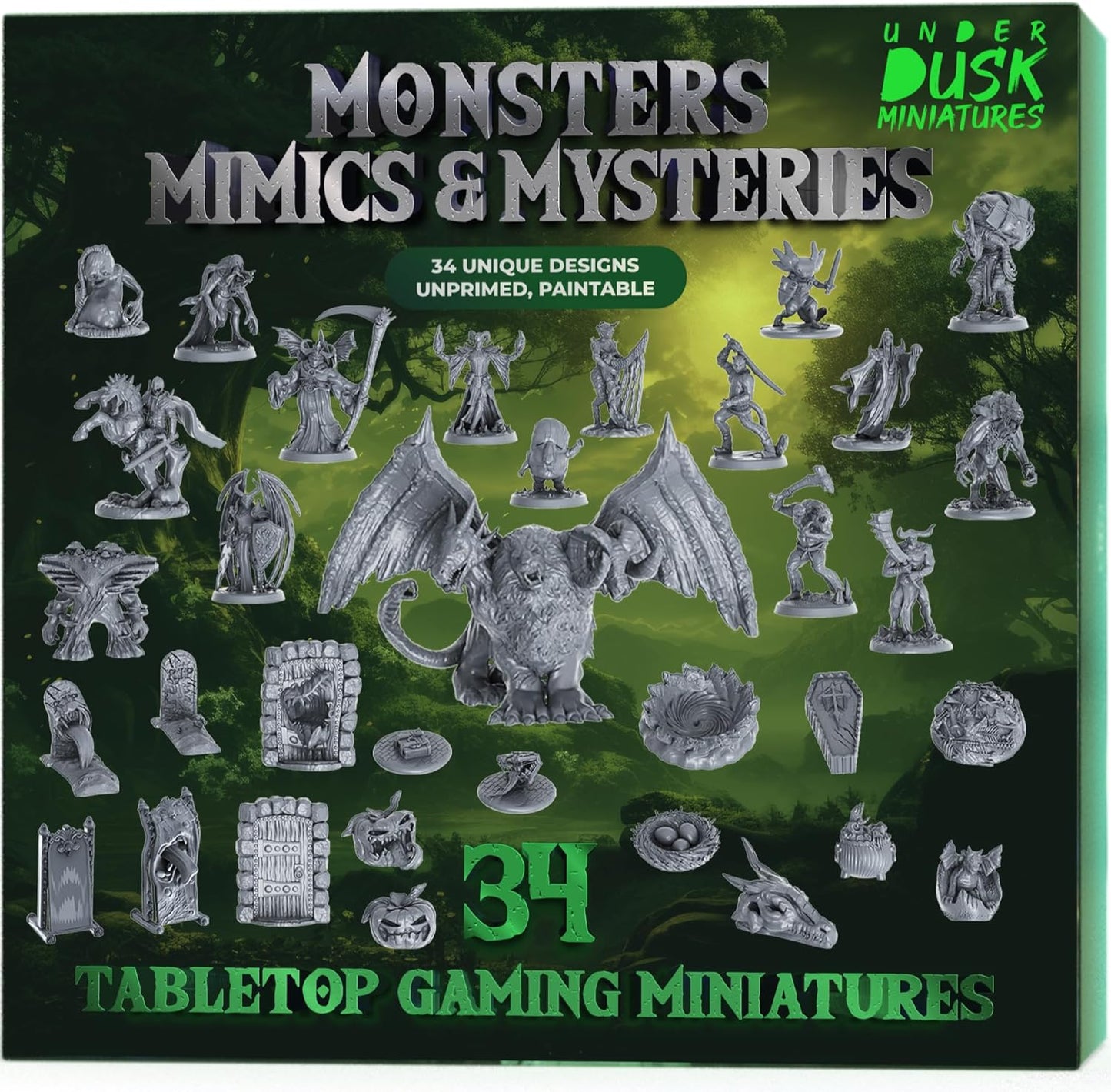 Underdusk: Monsters, Mimics, & Mysteries - 34 Unpainted Miniatures for D&D & Tabletop Gaming | Frightful Creatures and Disguised & Monstrous Mimics with Stat Blocks