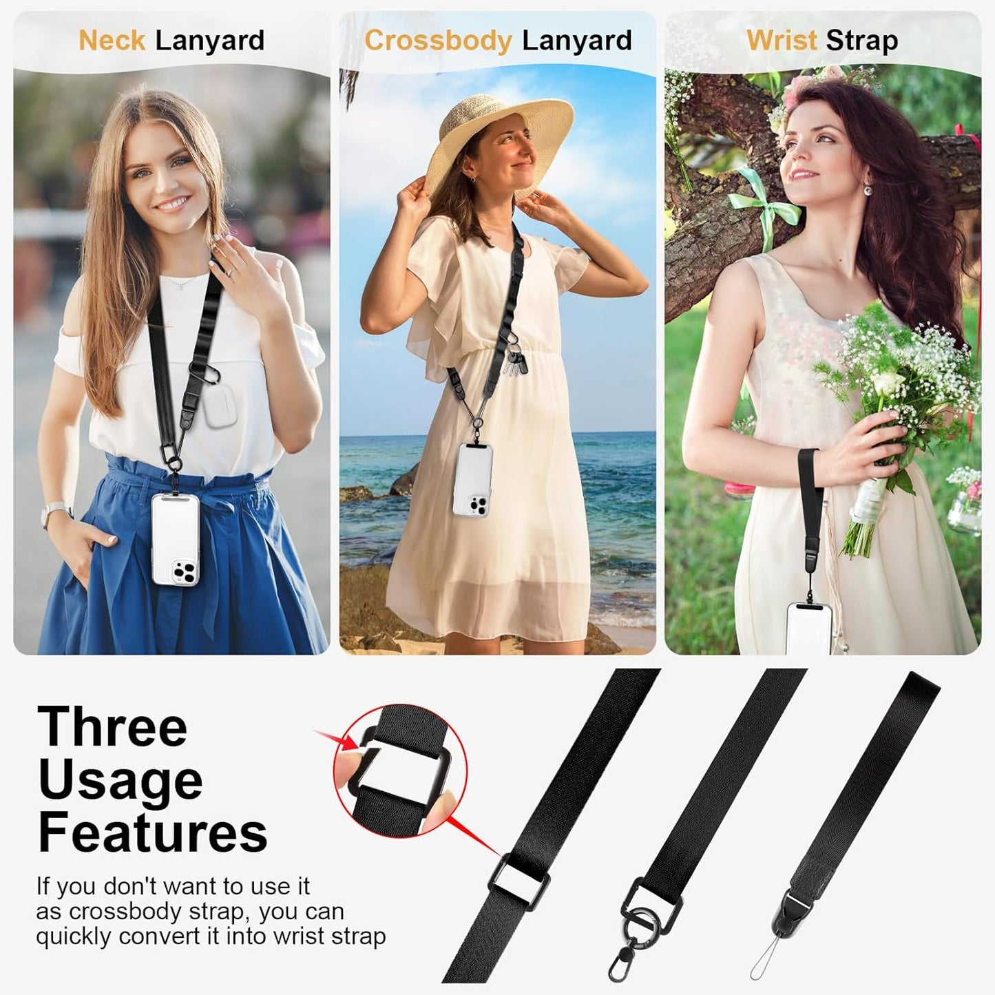 Adjustable Crossbody Phone Lanyard, Universal Phone Wrist Strap and Phone Neck Strap with Tether Tab, Phone Lanyard with Quick Release, Suitable for iPhone and Most Smartphones, Black