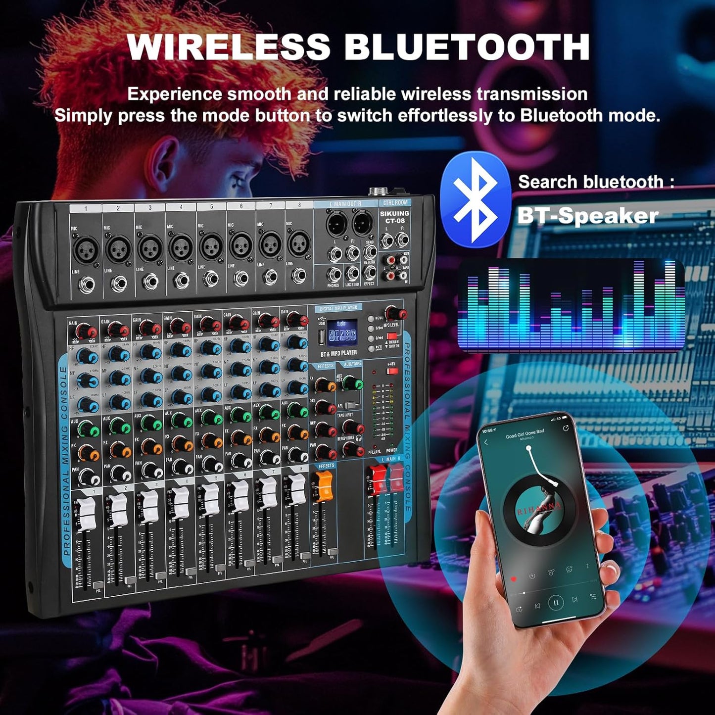 8 Channel Audio Mixer Sound Board Mixer 16 DSP Effect Audio Interfacer w/USB Drive for Computer Recording, 48V Power, XLR Microphone Jack DJ Mixer for Karaoke Studio Streaming Recording