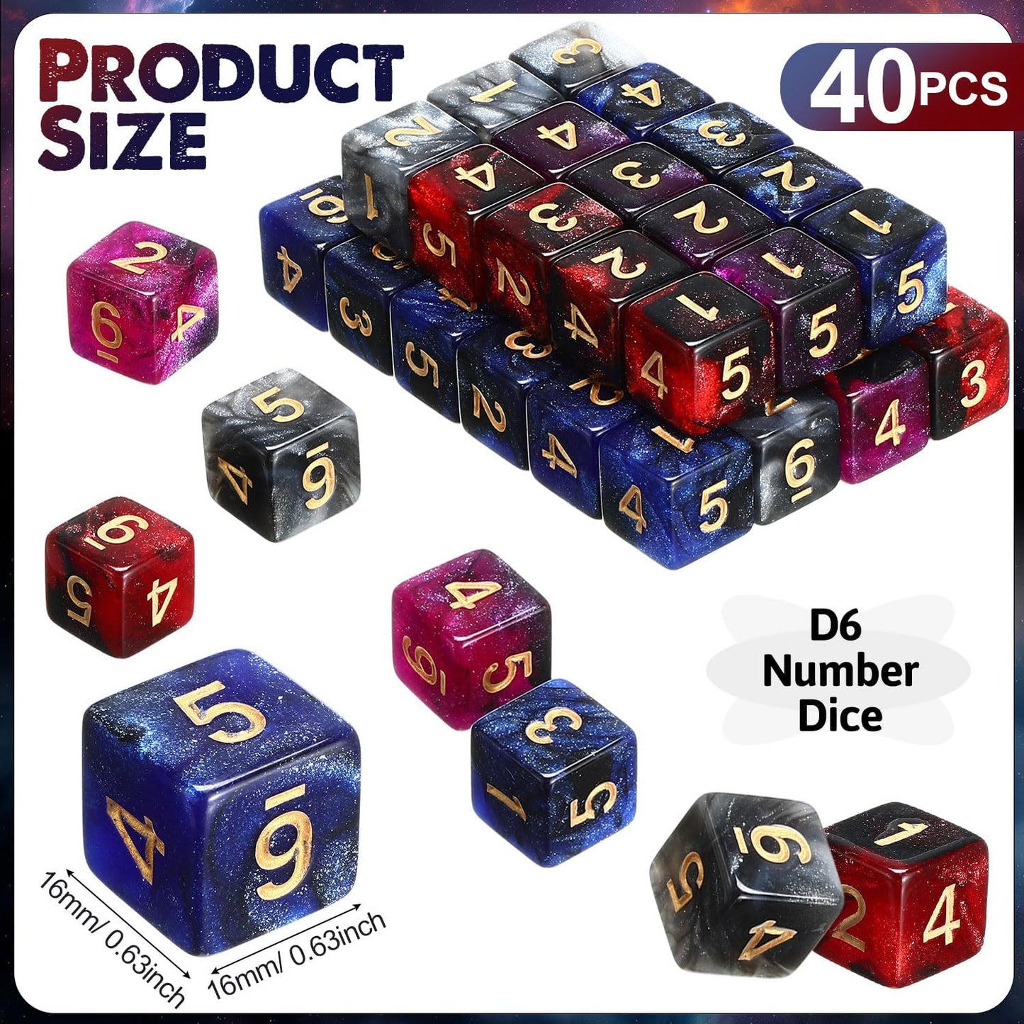 Poen 40 Pcs 16mm Dice Set Bulk, 6 Sided Standard Colored Dices with Numbers, D6 Polyhedral Games Dice for Board Games, Parties (Vibrant Color)