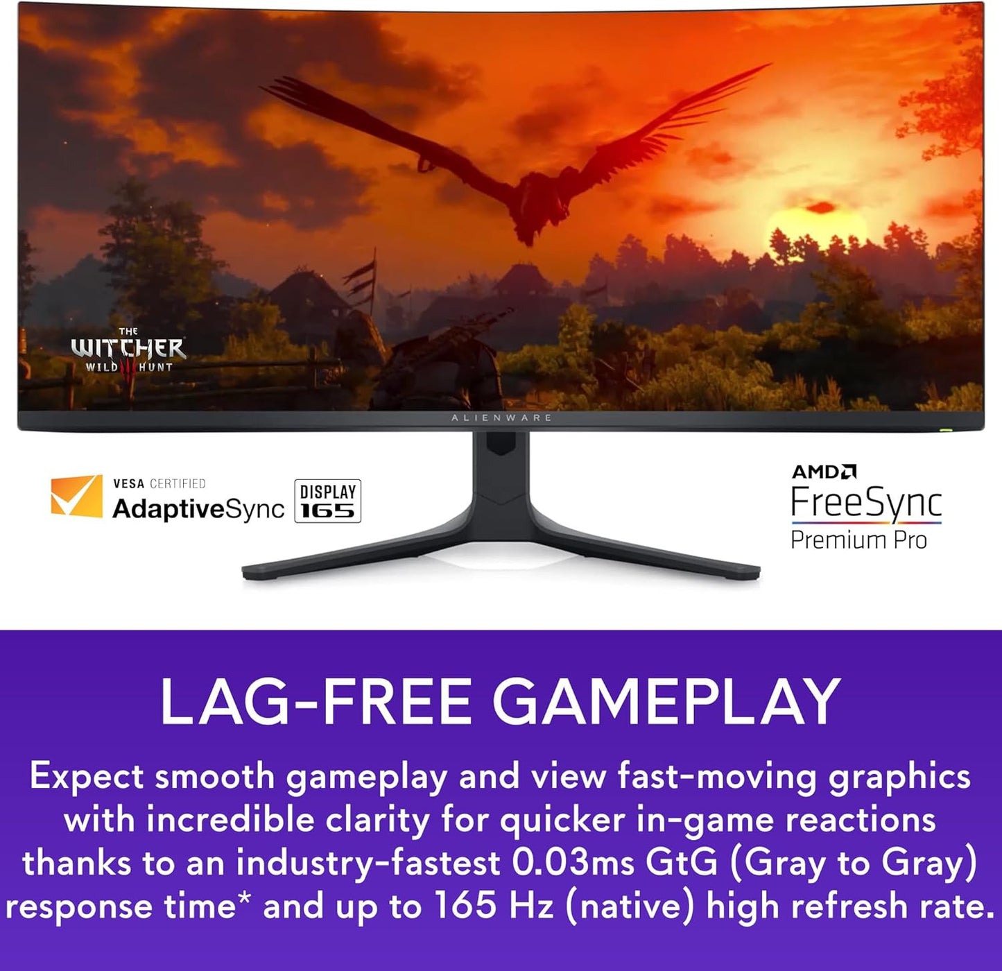 Alienware AW3423DWF Curved QD-OLED Gaming Monitor - 34-inch Quantum Dot OLED 0.1Ms 165Hz 21:9 Curved Display, 99.3% DCI-P3 Color Gamut, VESA DisplayHDR True Black 400, AMD FreeSync Premium Pro - Black