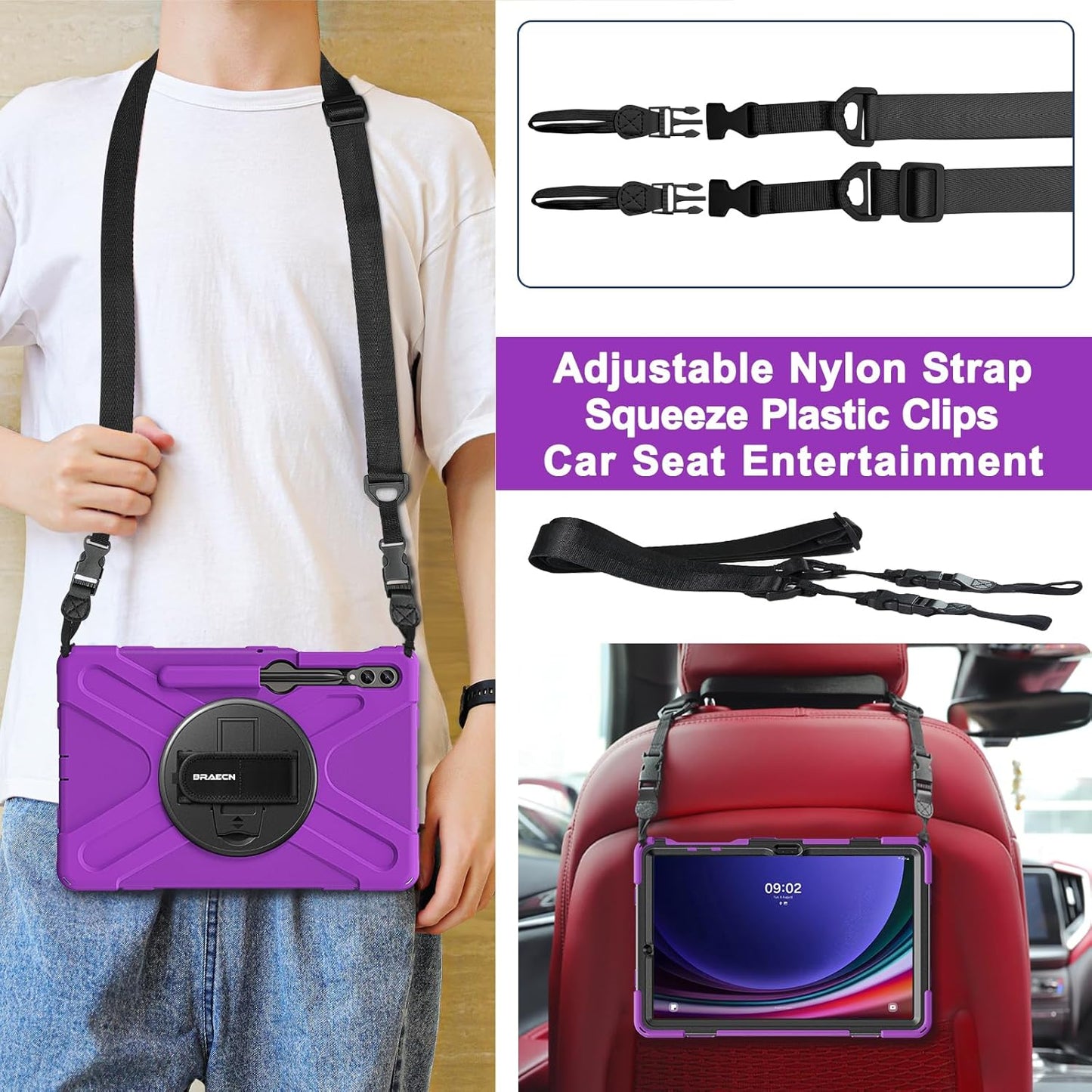 BRAECN for Galaxy Tab S10 Plus Case 2024&S9 FE Plus/S8 Plus/S7 Plus /S7 FE 12.4 Inch,Heavy Duty Shockproof Case with S Pen Holder&360 Rotating Hand Strap/Kickstand/Shoulder Strap for Tab S10+,Purple