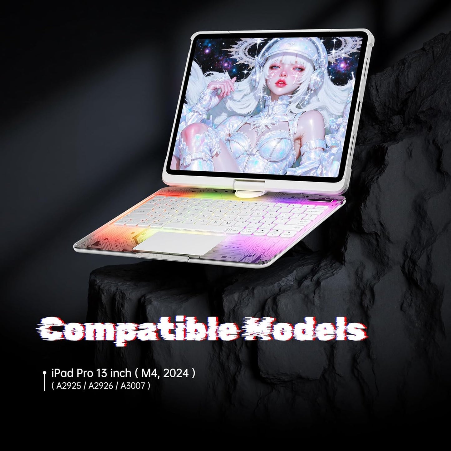 KITONE Transparent Case with Wireless Keyboard only for 2024 iPad Pro 13-in.(M4), 7 Colors Backlight, Trackpad, 360°Rotating Stand for iPad Pro 13, Tech Style