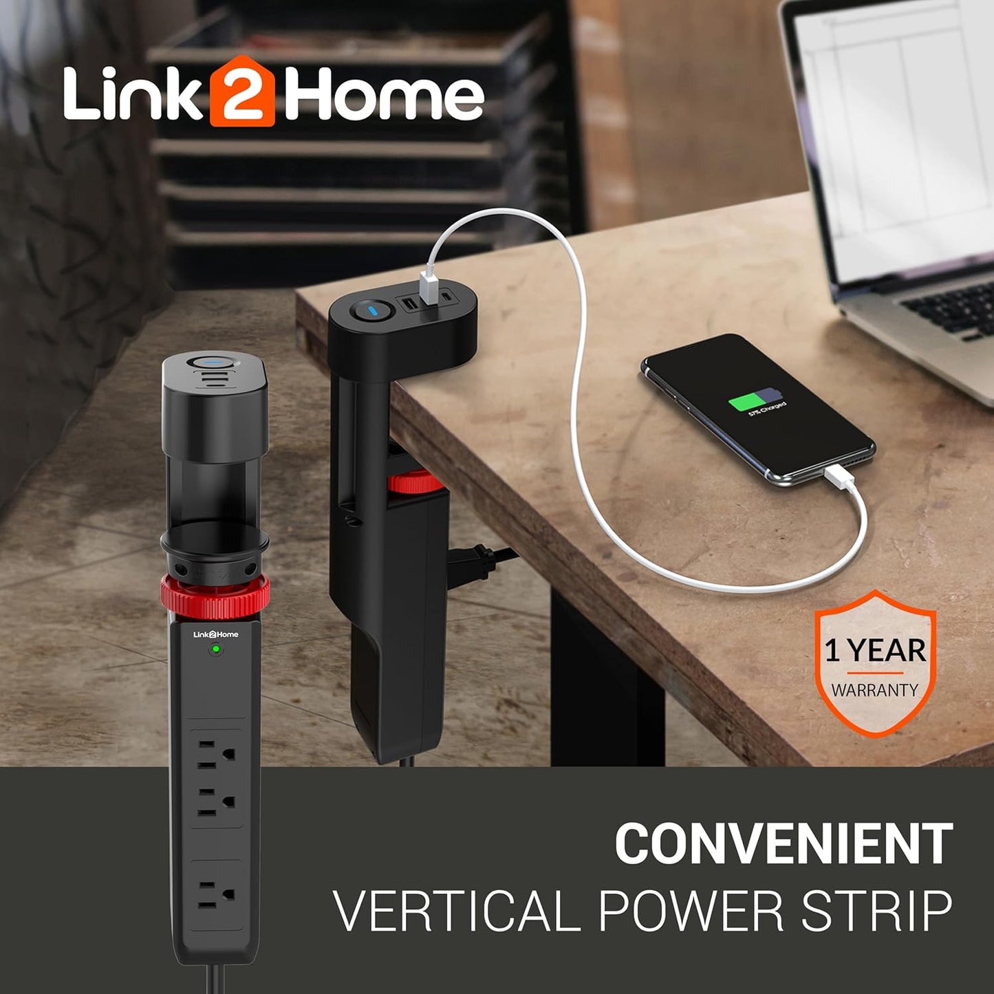 Link2Home Clamp-On Desk Power Strip with 3 Outlets, 3 USB Ports (20W PD Type-C), 6 Ft. Cord, Overload Protection, No Installation Required