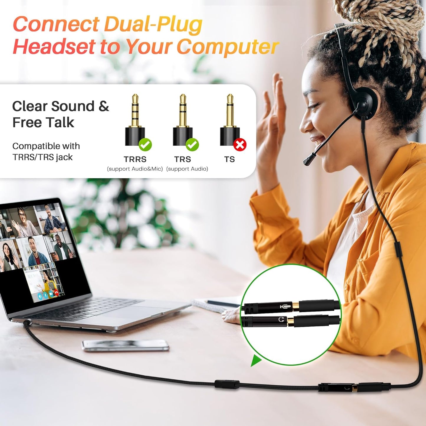 1/8inch Aux Headphone Splitter 2 Way Cable 3FT, 3.5mm 1 Male to 2 Female Mic and Audio Y TRRS Adapter, Compatible with Headset Earphone Switch 2/PS4/PS5 Steam Deck Xbox PC Laptop Phone Tablet Gaming