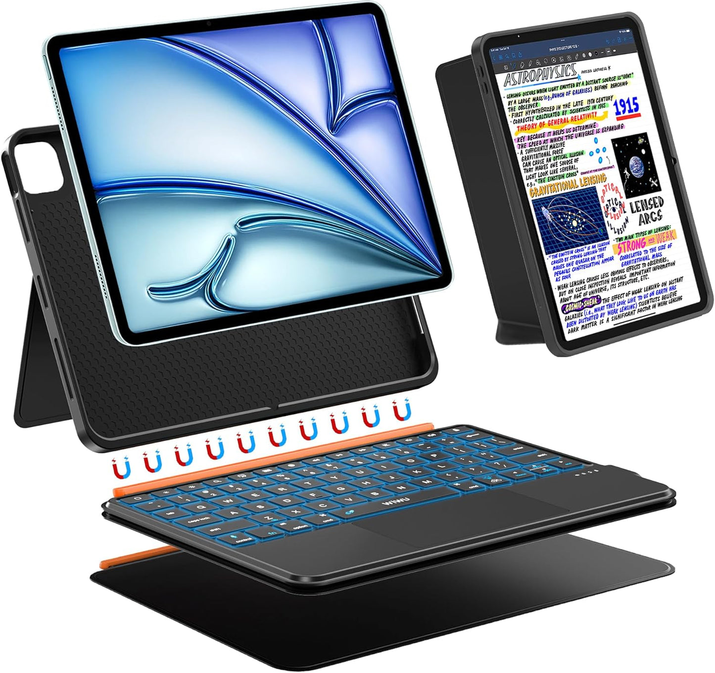 WIWU for iPad Keyboard Case 11 Inch A16 11th /10th Gen 3 in 1 Magnetic Detachable Case Keyboard Adjustable Stand Backlit Keys with Touchpad (Black, for iPad 11/10/Air 5/4/11"(M2/M3) Pro 11" 4/3/2/1)
