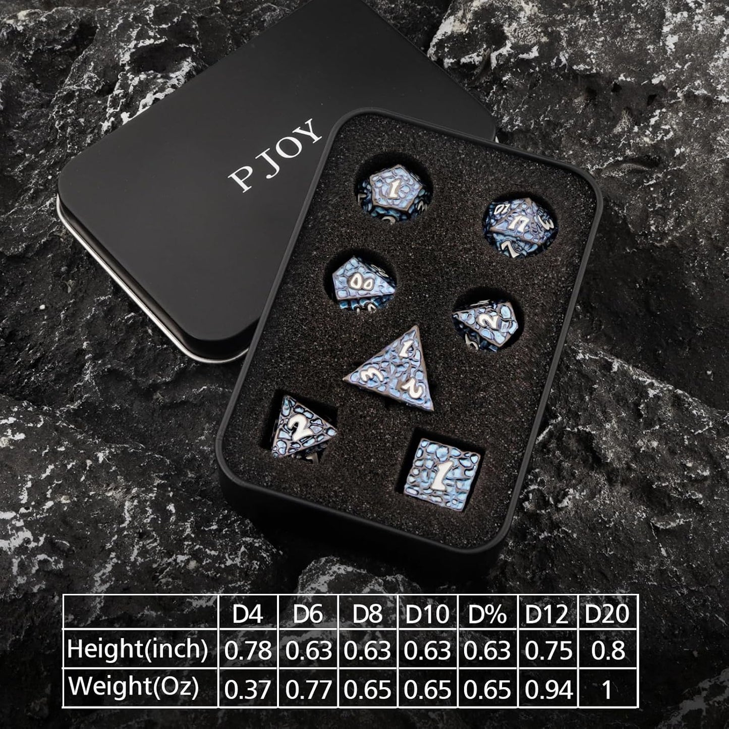 PJOY Metal D&D Dice Set for Dungeons and Dragons Dice with Case Meteorite Black Blue Glitters 7PCS 16mm Role Playing Cool DND Gifts for Players DM Board Game Masters