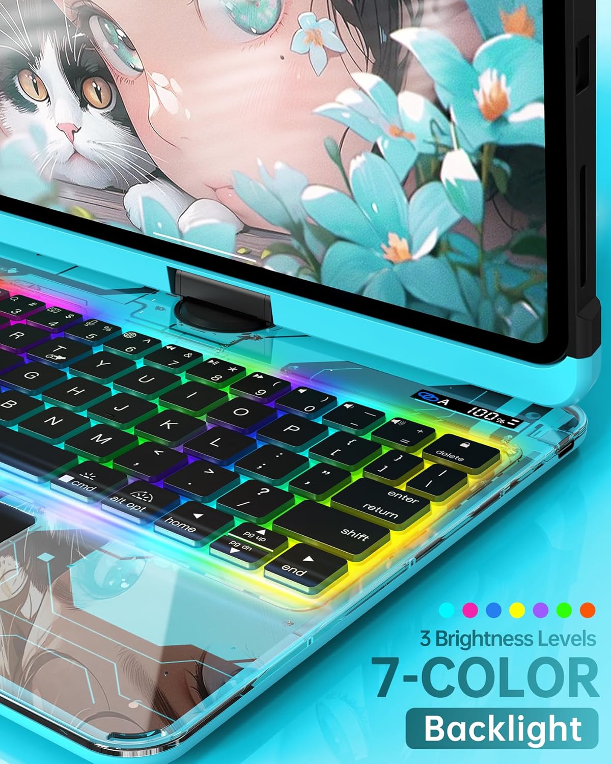 Intermerge Clear A16 11th (2025) & 10th Generation 10.9" Case with Keyboard, 360° Transparent Multi-Touch Trackpad, 7-Color RGB Keyboard, Pencil Holder, Type-C, Power Indicator, Aqua Pulse