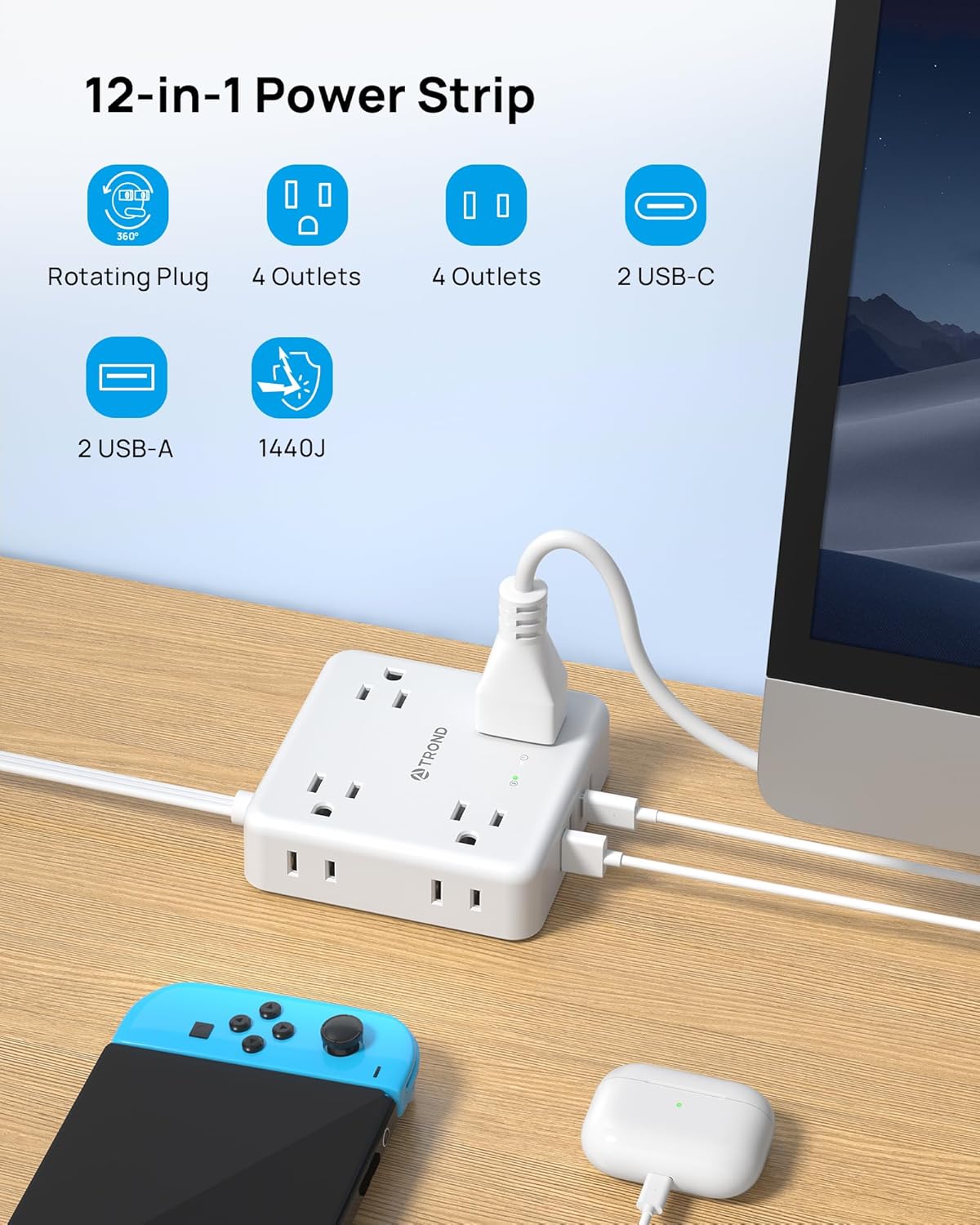 TROND 360° Rotating Plug Power Strip, 5FT Flat Extension Cord with Multiple Outlets 4 USB (2 USB C), Wall Mount Surge Protector 1440 Joules for Home Office Travel Dorm Room Essentials, White