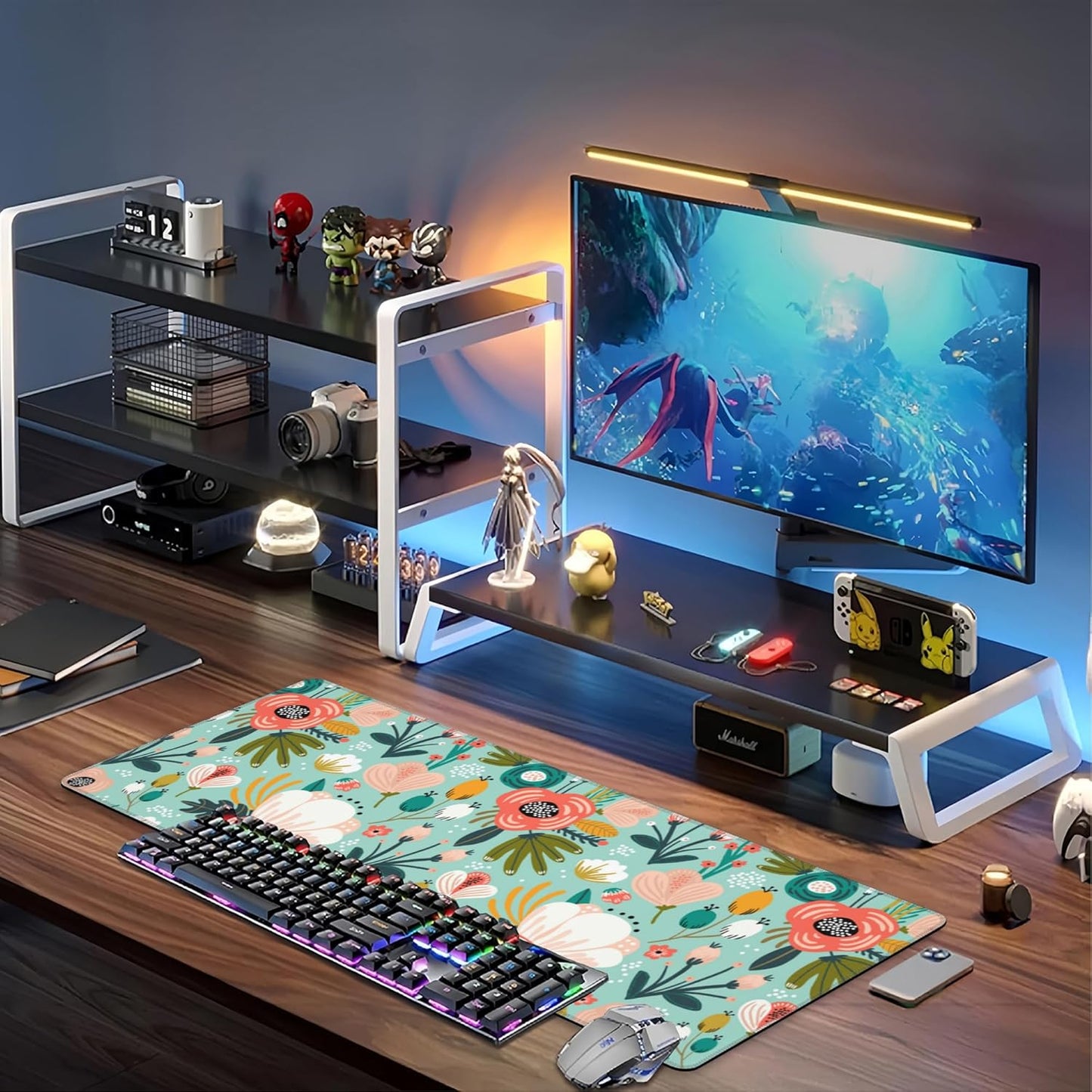 Colorful Flowers and Berries Desk Mat,Large Beautiful Floral Branches Gaming Keyboard Mouse Pad,Non-Slip Rubber Base Desk Pad Thick Stitched Edges Waterproof Mousepad Mouse Mat 31.5"x11.8"