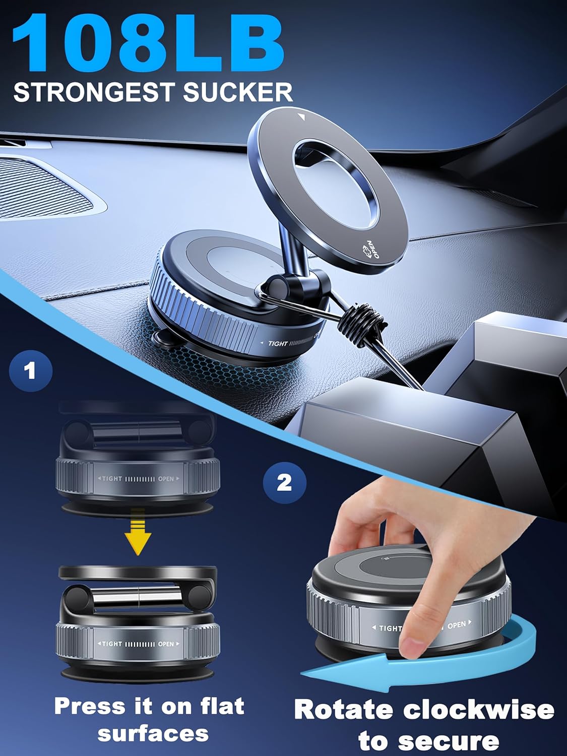 Upgraded 360° Nano Gel Vacuum Magnetic Phone Holder, Car Phone Holder for Magsafe[108+LBS Strongest Suction & 3000gf Strongest Magnetic], Suction Cup Phone Mount for Car/for iPhone 16 Pro Max