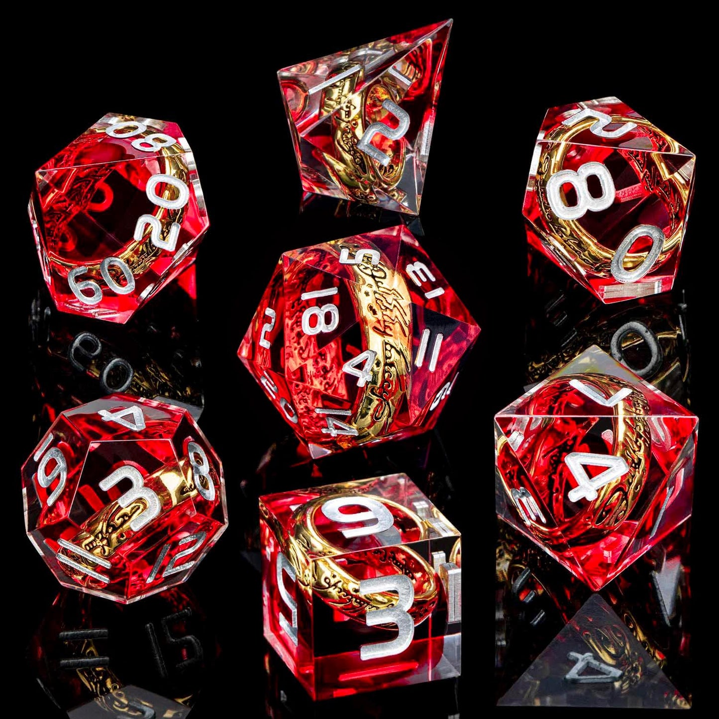 Magic Golden Ring DND Dice Set Sharp Edge Red Resin Dice with Box, for Use with D&D RPG Role Playing Games, Lord D and D Polyhedral Dice Set