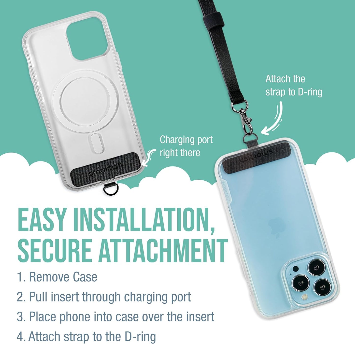 Smartish Phone Lanyard - Case Clinger - Universal iPhone Holder w/Detachable Crossbody Shoulder Neck Strap Compatible w/All Phone Cases - Adjustable Black Vegan Leather