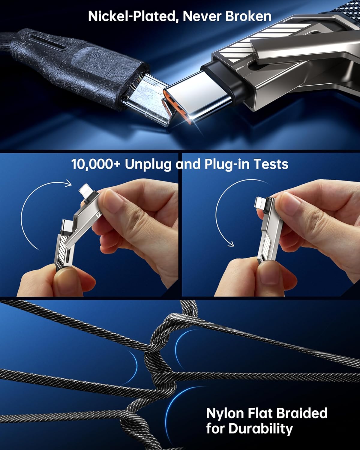 SHEZI 4-in-1 USB C Cable 5FT 90 Degree Fast Charging [480Mbps Data Sync] Flat Nylon Braided Charger Cord Combo, USB A/C to C/L Multi Charging Cable for iPhone 16/15/Samsung & Most Devices, Grey