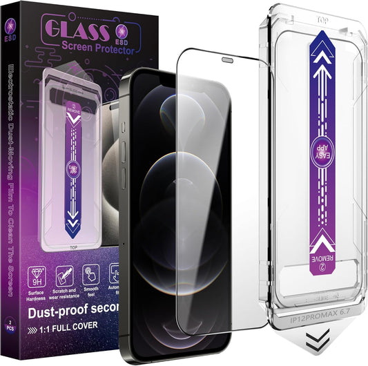 2 Pack Screen Protector for iPhone 12 Pro Max, 9H Tempered Glass, Full Coverage, Anti-Fingerprint, Auto Dust-Elimination, No Bubble, Easy Installation