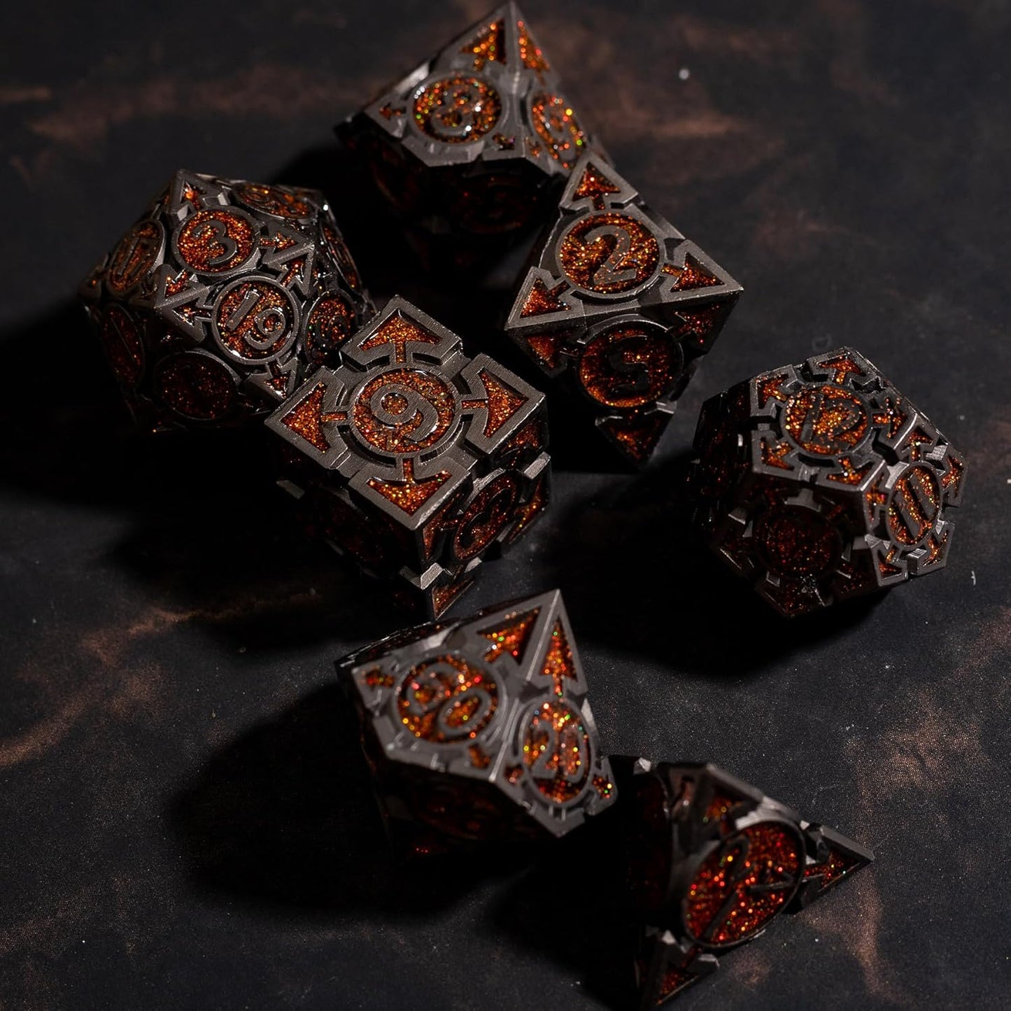 Orange Black Nickel Finish Heavy Metal DND Dice Set (Bard) with A Metal Box, Sharp Edge Zinc Alloy D&D Accessories, D4-D20, Designed for Dungeons & Dragons Master, RPG Player, Starter